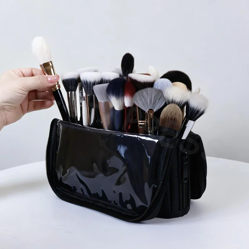 Makeup Brushes Organizer Storage Bag Foldable Stand-up with Adjustable Dividers Waterproof Portable Pouch for Outdoor Makeup