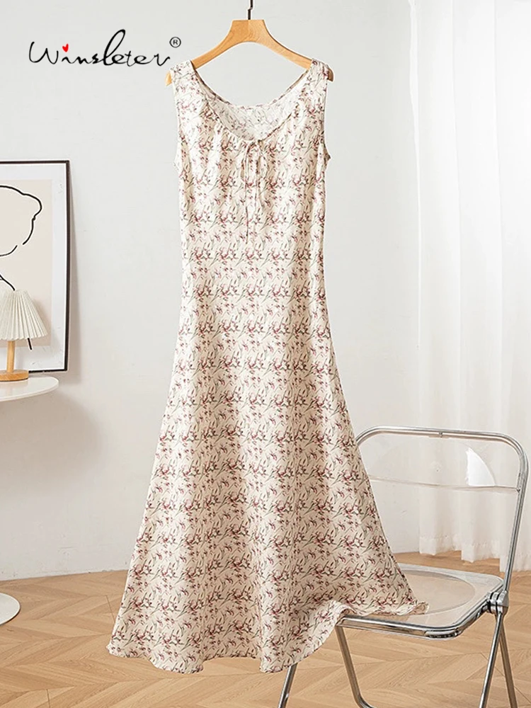 

Winsleter-Women 100%Real Silk Elegant Dress, V Neck Sleeveless Print, French Vintage Gentle Loose Dresses, 2025 Summer D55704CC