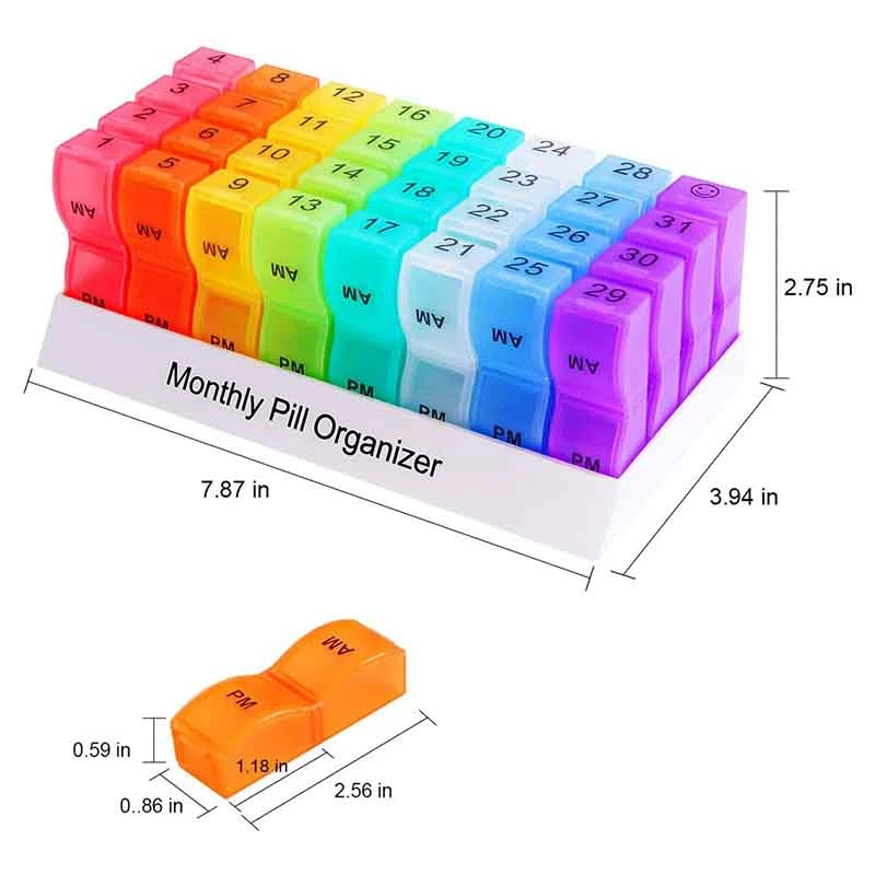 Monthly Weekly Pill Organizer Boxes-AM/PM Daily,31 Day 32 Compartments Vitamins Medicaiton Medicine Reminder