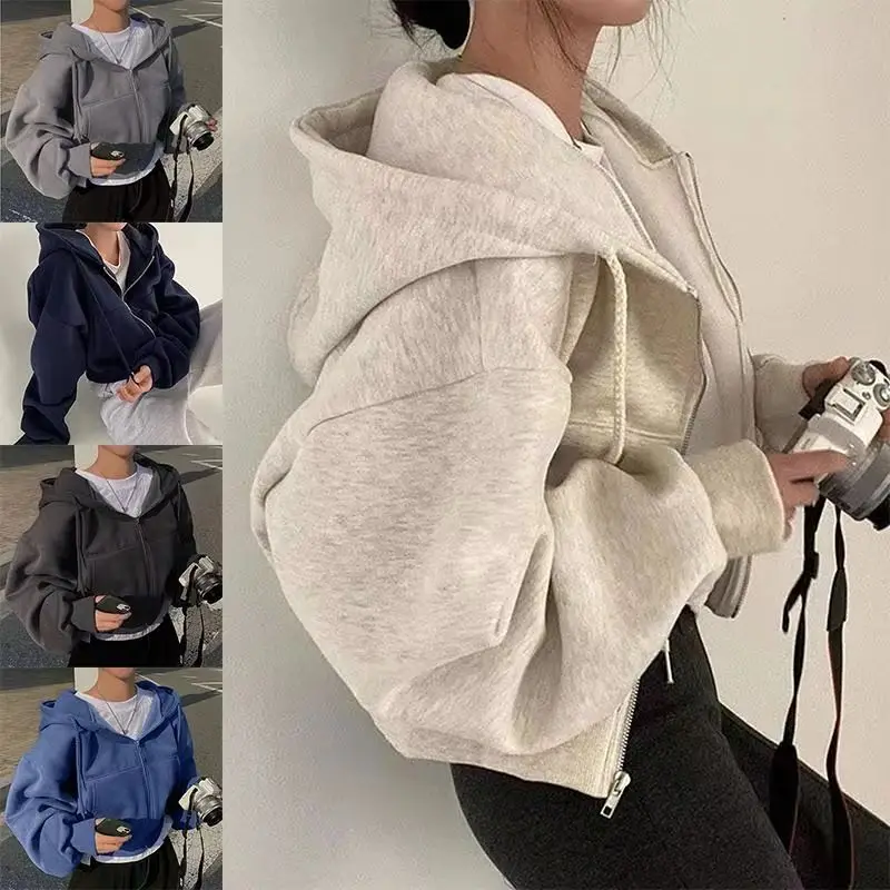 女性用フリース裏地付きクロップドジップフーディースリムフィットスウェットシャツ春秋暖かいスリムジャケット、滑らかなシルエット