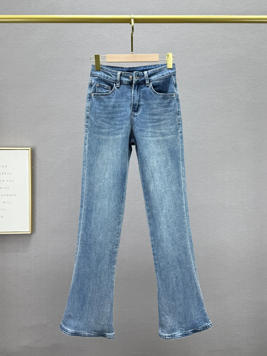 

Женские джинсы с высокой талией и микро-клешем, весна 2025, новые, утягивающие, эластичные, длинные брюки из хлопкового стрейч-денима