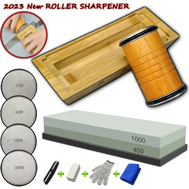 

2023 Upgraded Roller Knife Sharpener Tumbler Whetstone Bamboo Base Diamond Sharpening Stone 4-angle Fixed Angle Knife Sharpener