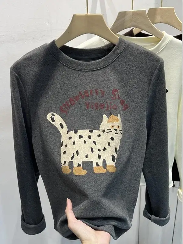 

Double-Sided German Velvet Long-Sleeve round Neck Knitted T-Shirt Women's Loose Base Shirt Top Korean Style Commute Fashion