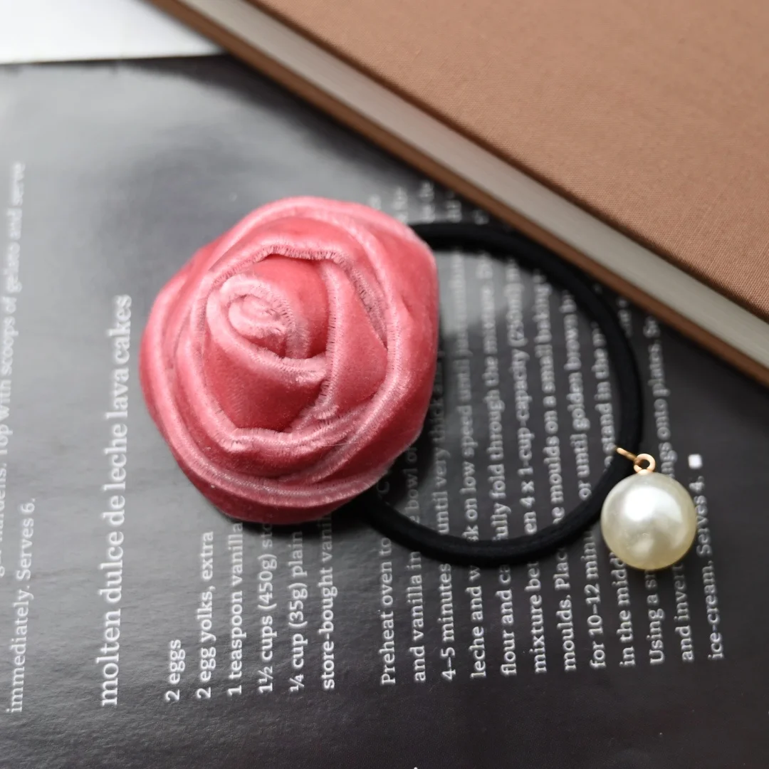 Red Velet Hair Rope Rose Hairties for Girls and Women Elastic Hair Ties Artificial Pearl Flower Pink Hair Accessories