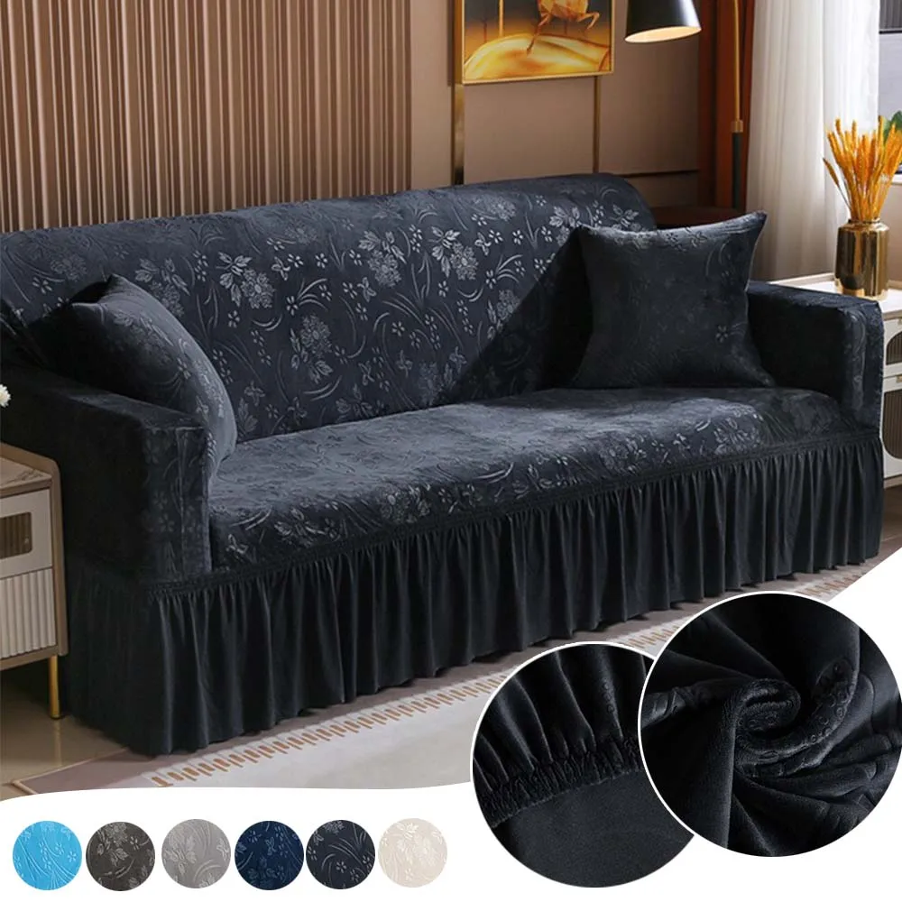 

Non-slip Stretch Sofa Skirt Covers 1/2/3/4 Seater Jacquard All-inclusive Crystal Velvet Fabric with Ruffled Edge Copri Divano