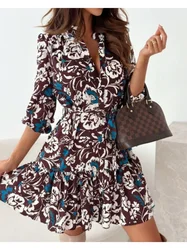 Spring/Summer Women's Elegant Casual Printing Shirt Dress Round Neck Long Sleeve Belt Women's Dress