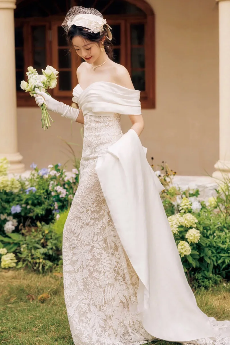 Robe De mariée blanche style sirène, col bateau, deux pièces, manches longues, 웨드레레레, balayage à lacets, traîne, corée, 2023