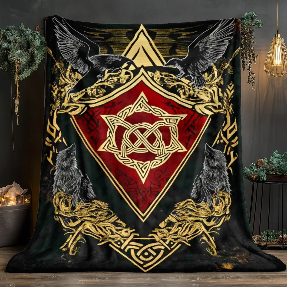 Viking Norse Mythology Raven Wolf Celtic Knots Symbol Fleece Blanket Nordic Tribal Art WarriorDesign Men's Gift Soft WarmBedding
