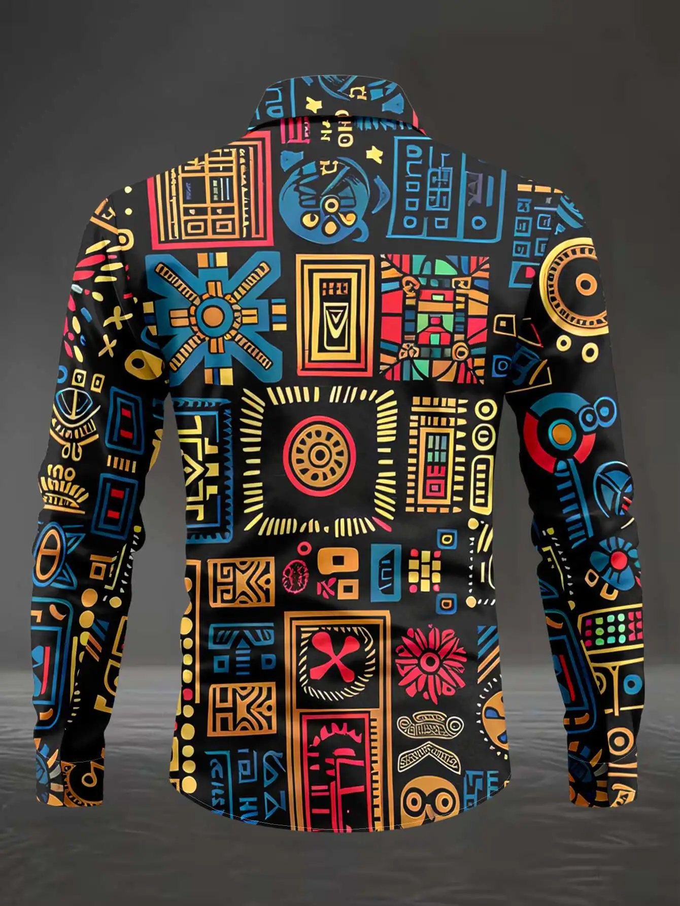 Men African Tribal Ethnic Geometric Print Long Sleeve Shirt Turn‑Down Collar Button‑Up Polyester Festival Blouse