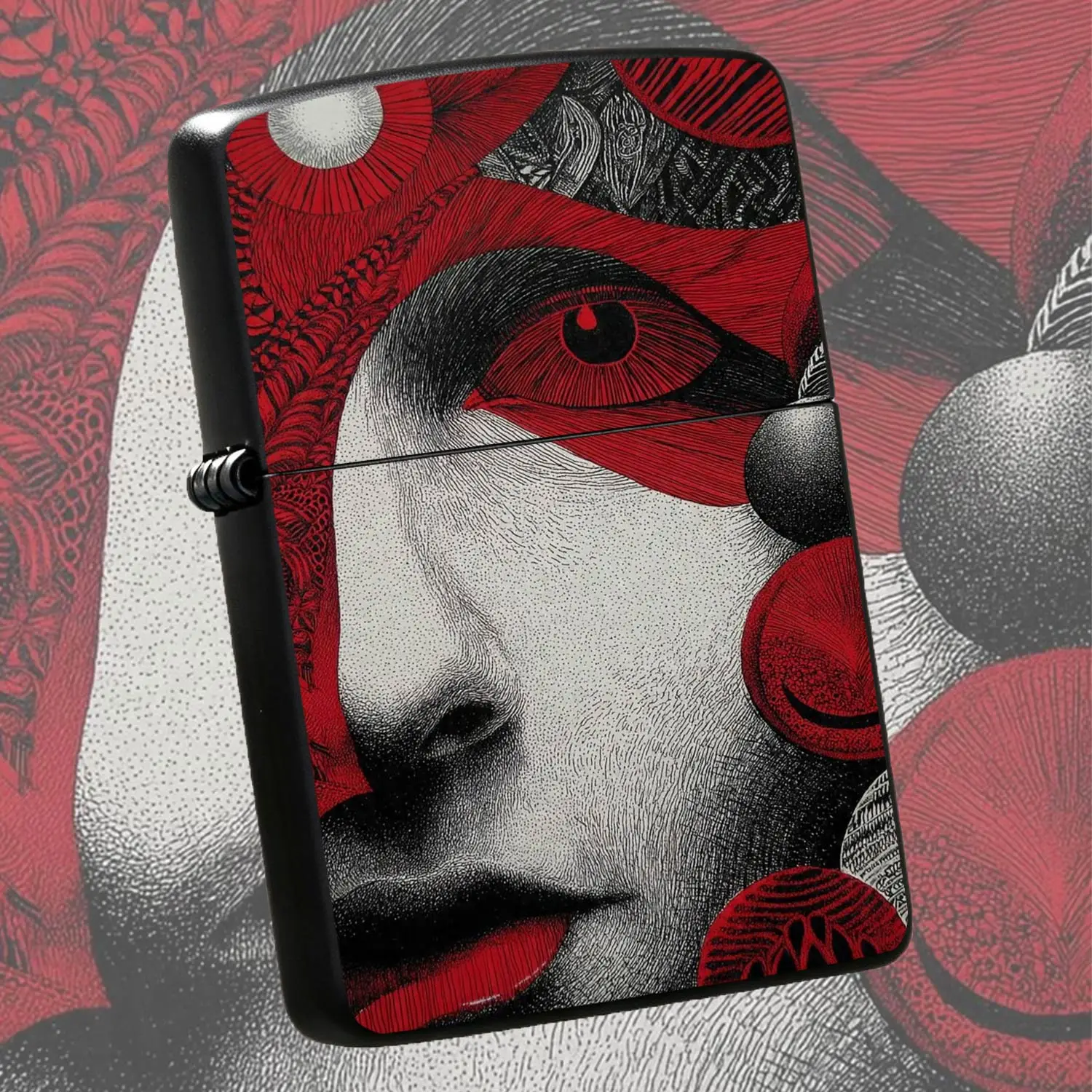 Stylish Red Black Art Pattern Portable Lighter, Exquisite Etched Human Face Design Accessory, Ideal for Daily All Scenarios, Perfect for Personal Use or Gifting, Delicate Crafted Eye Catching Practical Carry Item A Humorous And Interesting