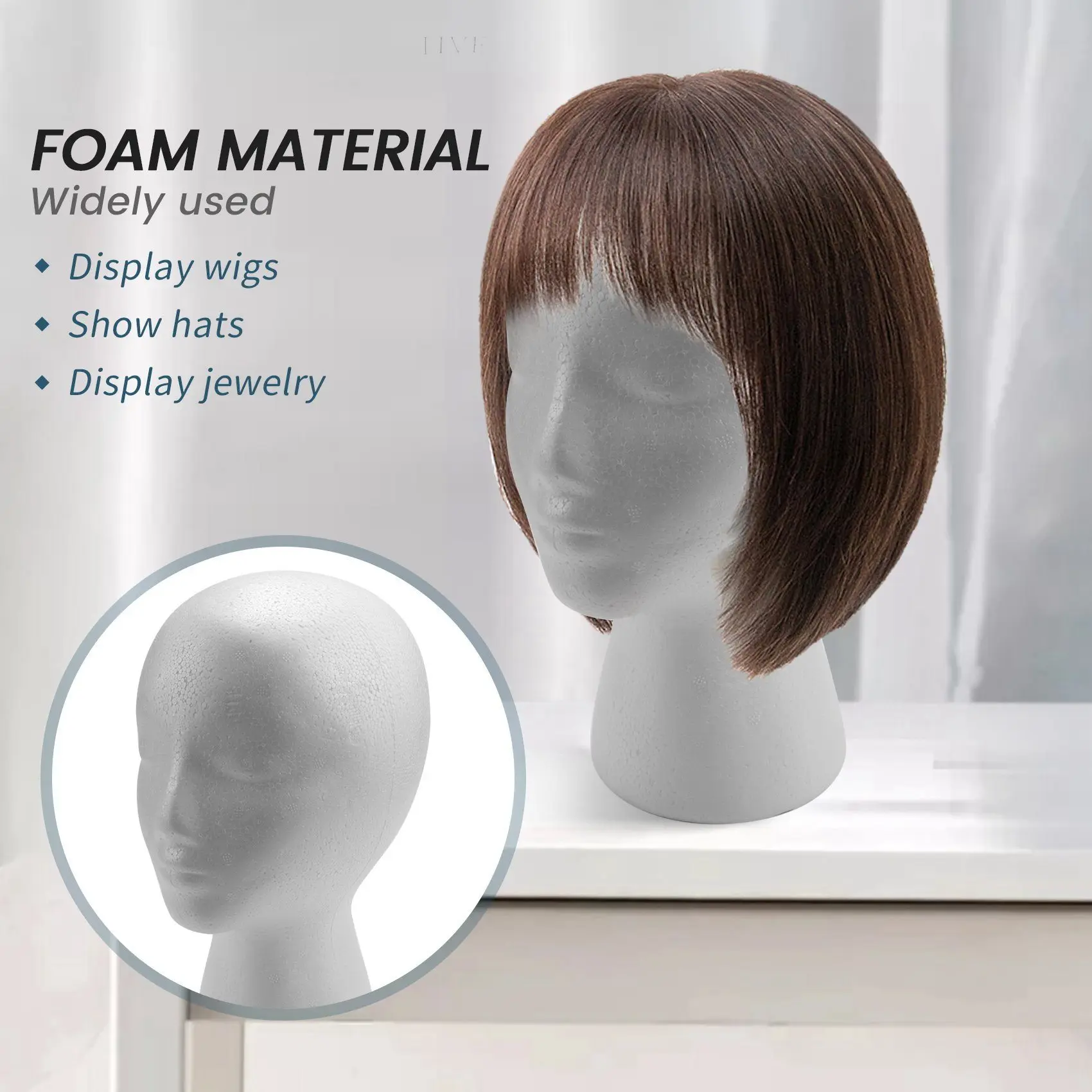AD23- 27.5 X 52Cm Dummy / Mannequin Head Female Foam(Polystyrene) Exhibitor For Cap, Headphones, Hair Accessories And Wigs Woman
