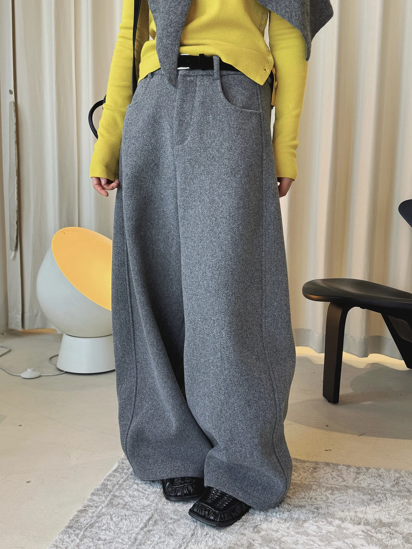 

Новый зимний простой и модный наряд в корейском стиле с поясом, шерстяные композитные брюки, широкие брюки для женщин.