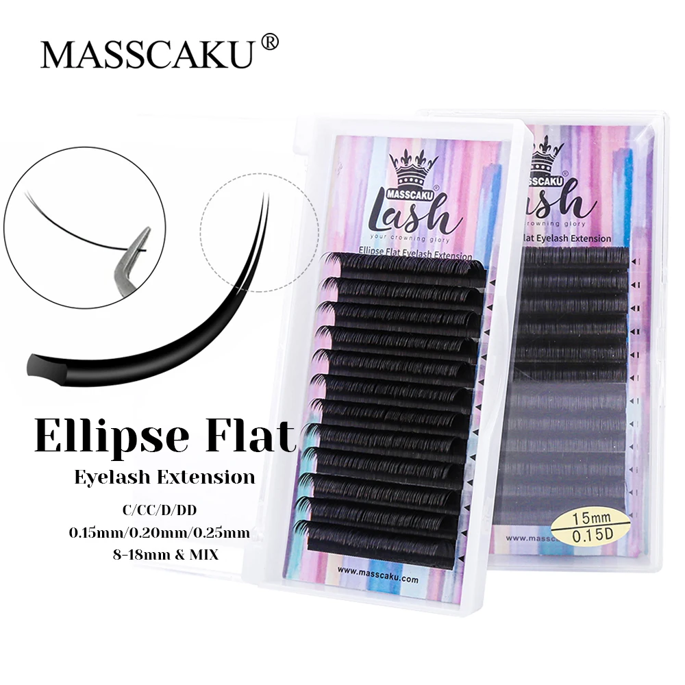 

MASSCAKU Hot Selling 8-18mm and Mix Size Premium Velvet Fiber Ellipse Flat Lash Soft Multi-texture Double Tips Eyelash in Stock