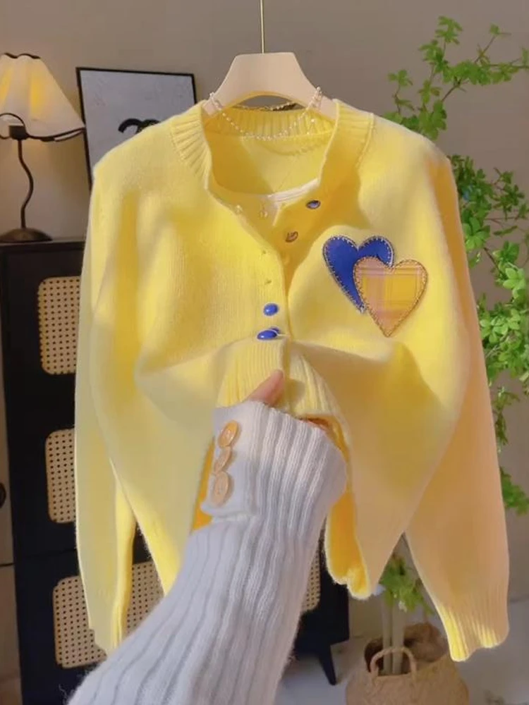 

Korean Sle Loose Knitted Cardigan Women's Spring Autumn New Sle Heart Button Lazy Sle Sweater Jaet Trendy