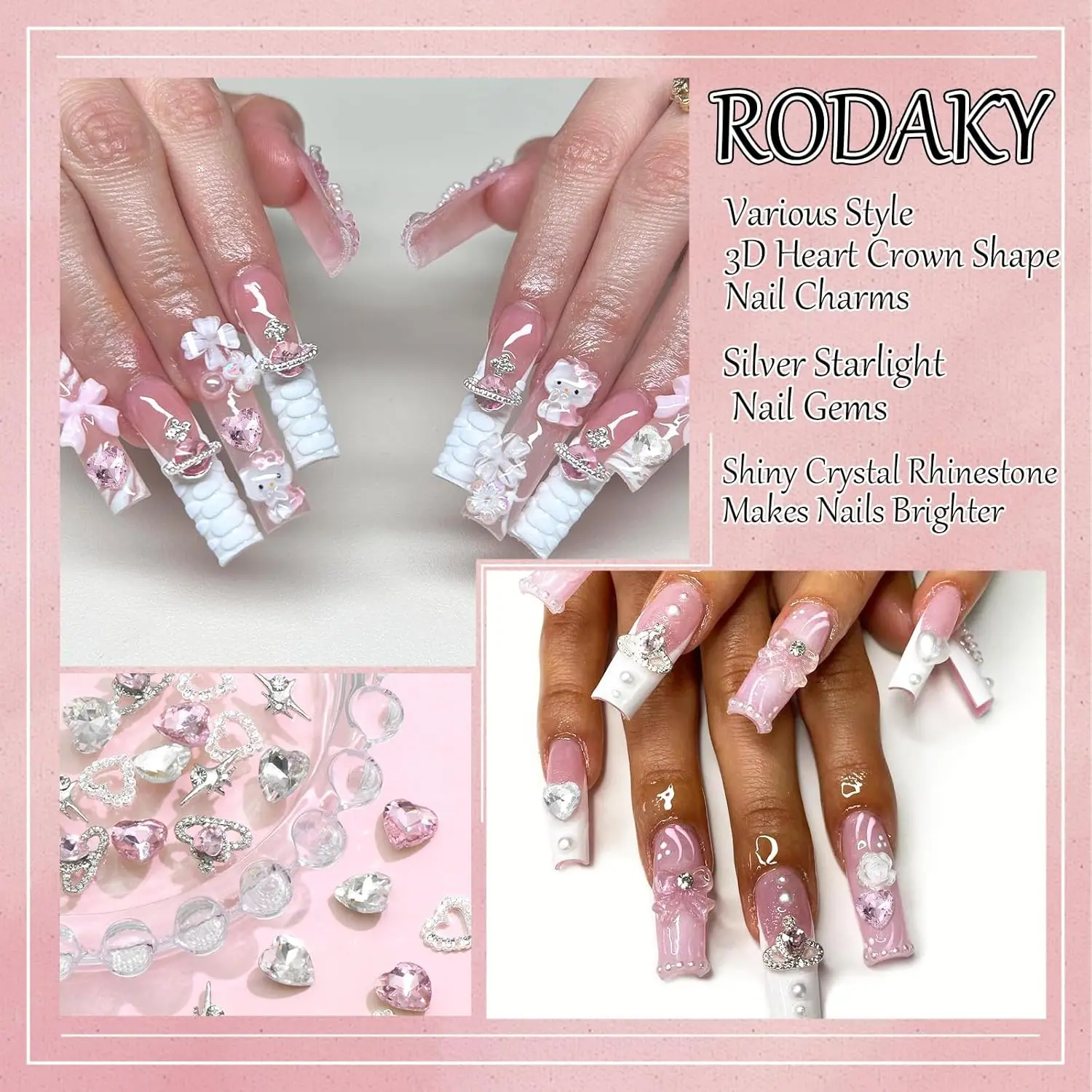 40 STKS Roze Nagelbedels 3D Hartbedels Valentijnsdag Zilver Sterrenlicht Nageldecoraties Glanzende Nagel Edelstenen Strass Multi Stijl