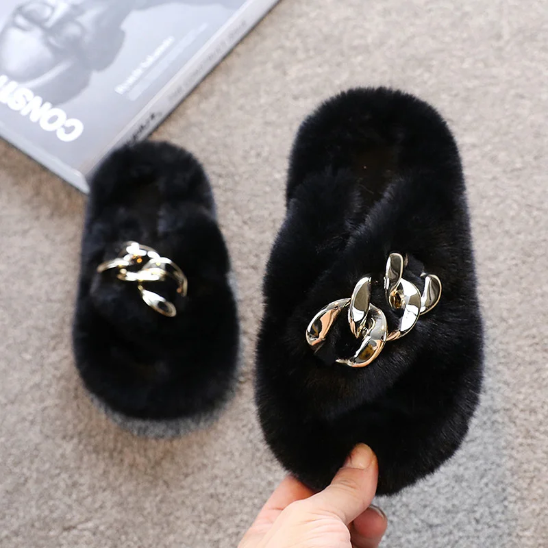 Children\'s Fashionable Slippers Girls Open Toe Metal Chain Plush Fur Shoes Kids Soild Home Indoor Non Slip Rubber Bottom Shoes