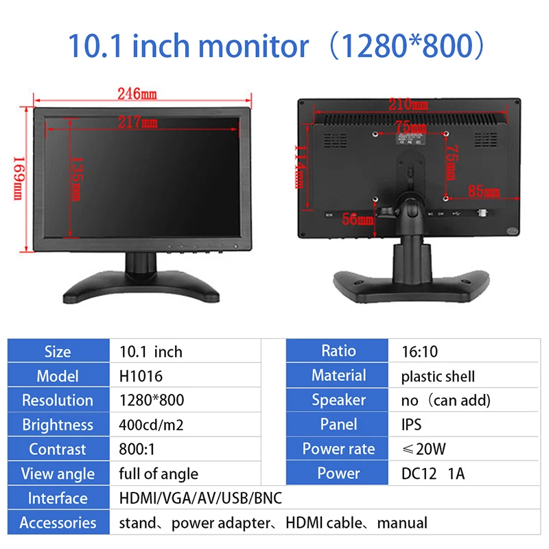 10.1 Inch LCD Monitor With HDMI VGA for TV & Computer TFT Display Color Screen Car Backup Camera & Home Security System Desktop