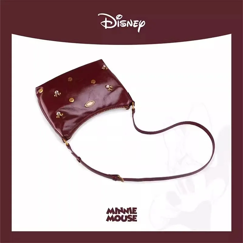 Disney Minnie Cherries Red Oil Wax Leather Underarm Bag Diamond Inlaid Tote Bag Fashionable Shoulder Bag For Commuting Women Bag