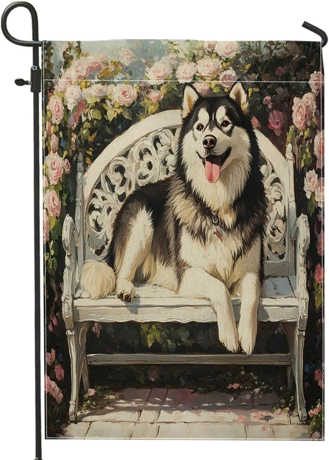 Spring Alaskan Malamutes Dog Garden Flags 12”x18” Double Sided for Outside, Romantic Floral Bench Front Yard Small Canvas Ho AAS