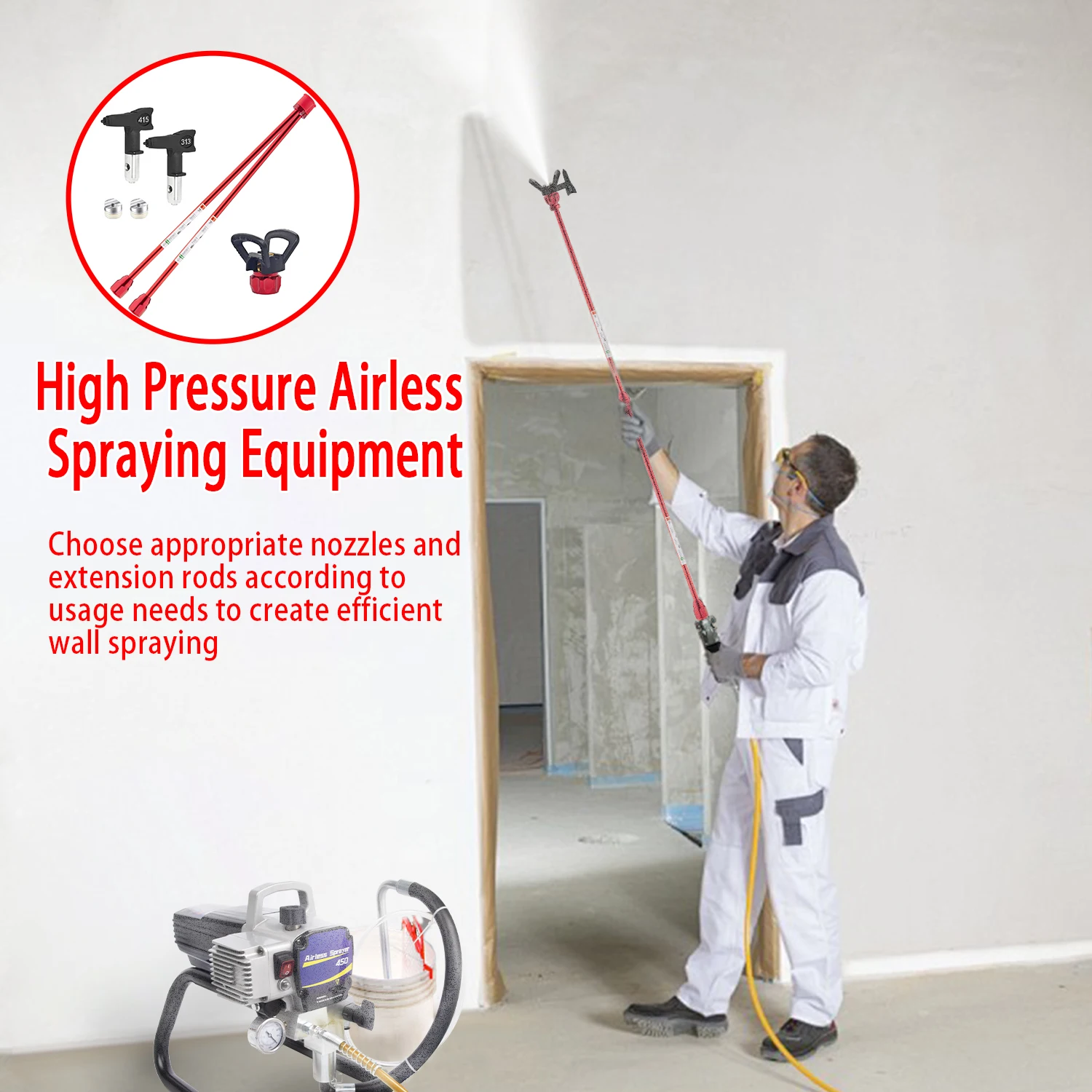 2 Airless Paint Sprayer Extension Rods (19.7inch) and 2 Reversible Nozzles (313 415) Including Gaskets and 1 Base, Spray Gun Head Extension Rod with Red Guard, Universal Replacement Tool for Airless Paint Sprayers, Suitable for Airless Paint Sprayers