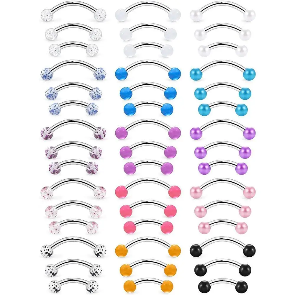 1/45Pcs Set Eyebrow Stud Rook Tongue Labret Piercing Belly Button Bridge Hood Surface Curved Barbell Piercing Jewelry Women Men