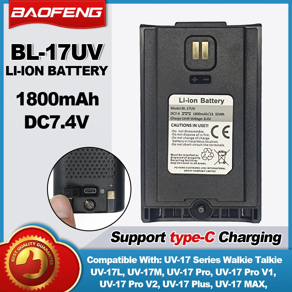 BAOFENG BL-17UV Li-ion Battery Original 1800mAh Suport Type-C Charging For Walkie Talkie UV-17 UV-17L UV-17M UV-17Pro UV17 Max