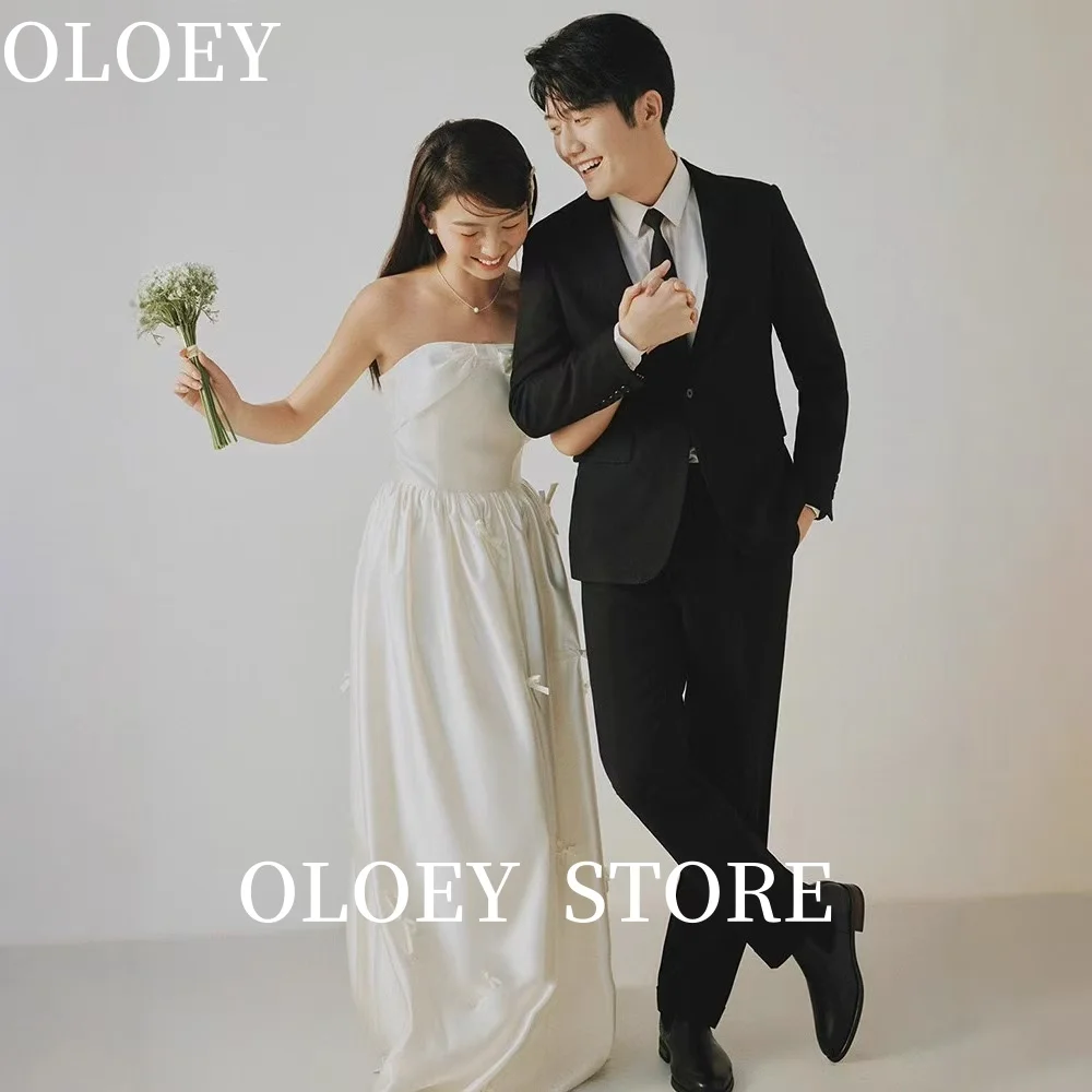 OLOEY Simple A-line Satin Strapless korea wedding photoshoot Dresses Ribbons Customized Women Bride Gowns Corset Back