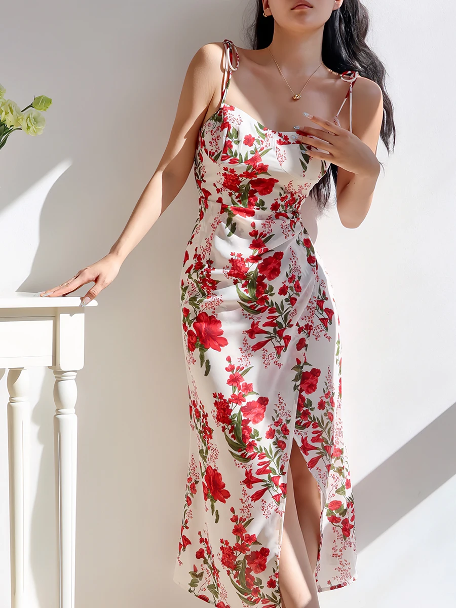 Fashionable Printed Sling Square Neck Dress Women 2024 Summer New High Waist Split Fork Slim Vacation Style Long Dress D372