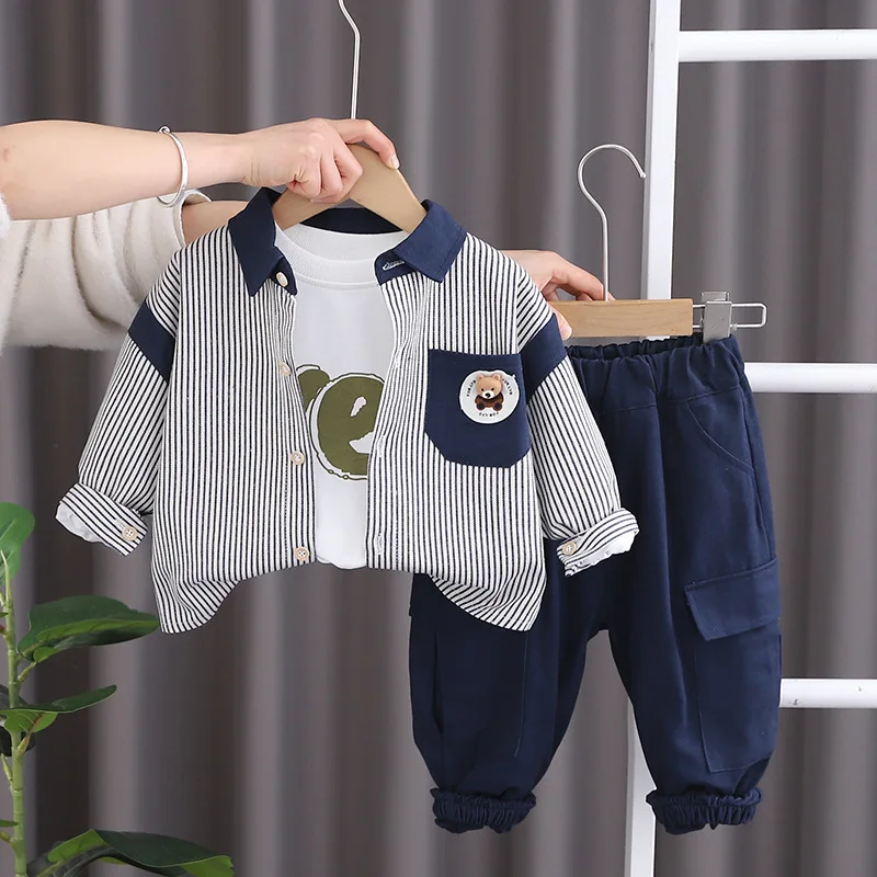 Spring Autumn 2024 Kids Boys 3PCS Clothes Letter Printed Tops Striped Polo Shirts Solid Pants Suit Toddler Boys Outfits