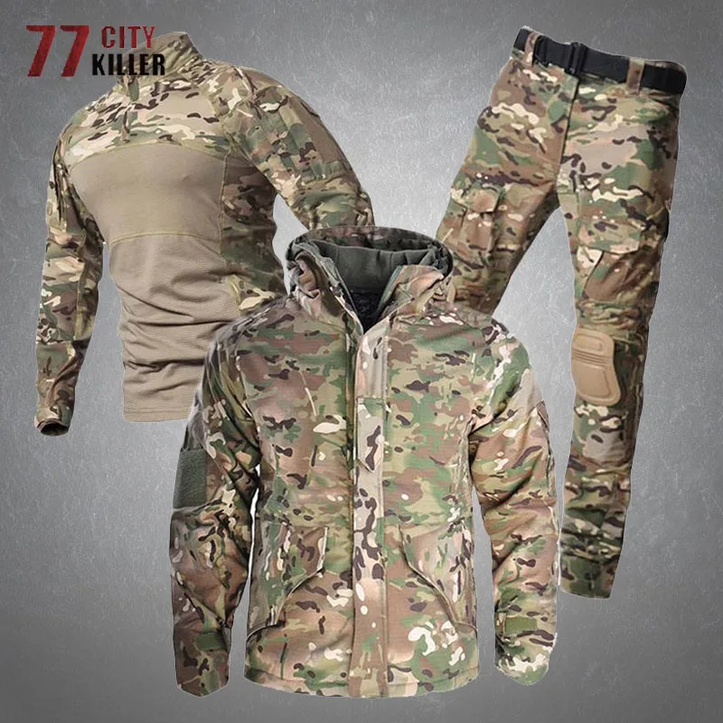 G8 Tactical Cargo Sets Mens Camouflage Hooded Fleece Jackets+Shirts+Pants Military Suits Outdoor Waterproof Hunting Clothes Male