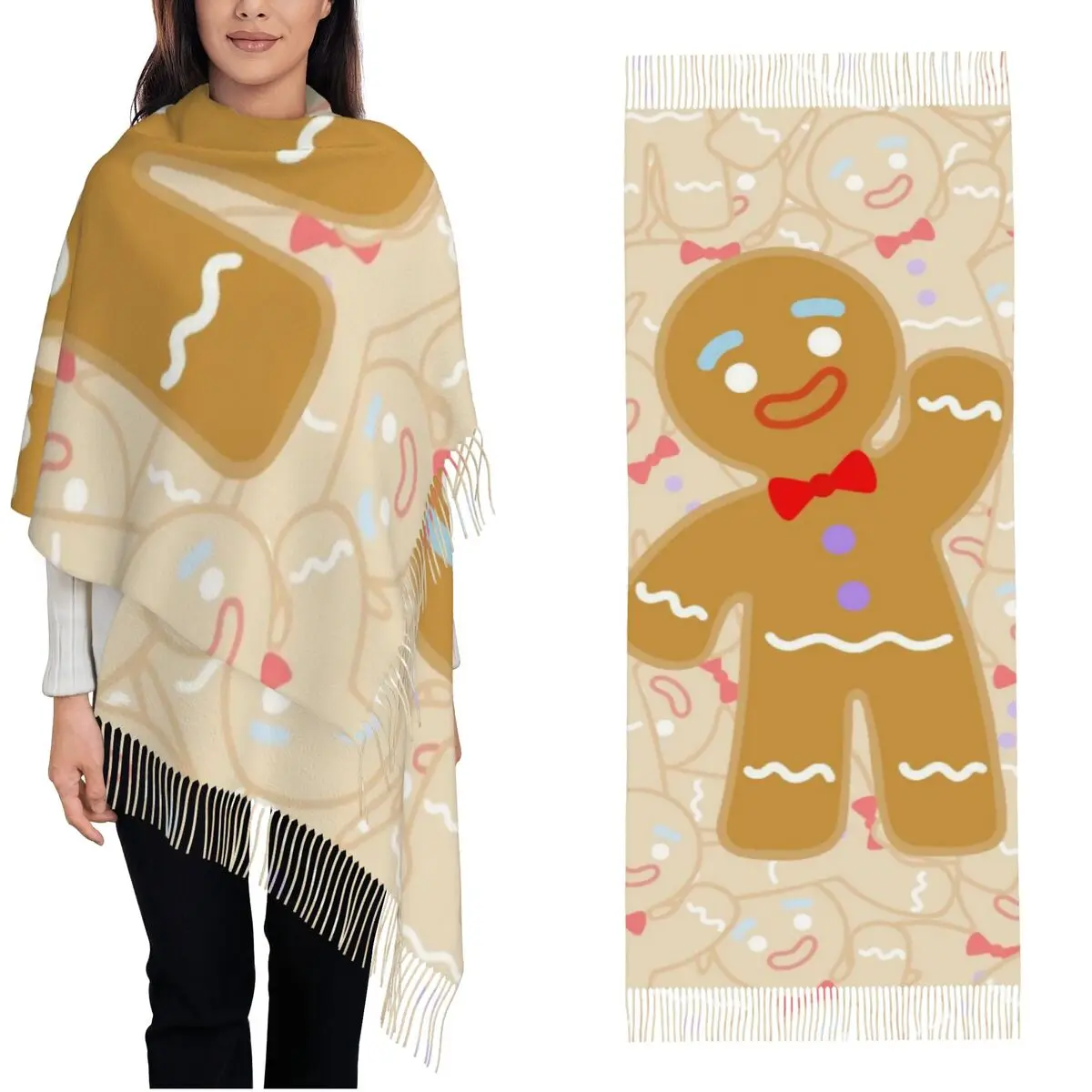 

Рождественский пряничный шарф, женские шарфы, накидки с длинной кисточкой, зимняя популярная шаль, теплая буфанда на заказ