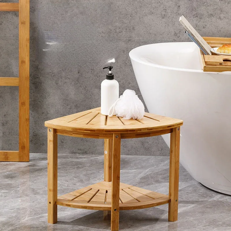 

Bamboo and Wood Bathroom Corner Stool Triangle Multifunctional Storage Shelves Home Shower Cabin Chair