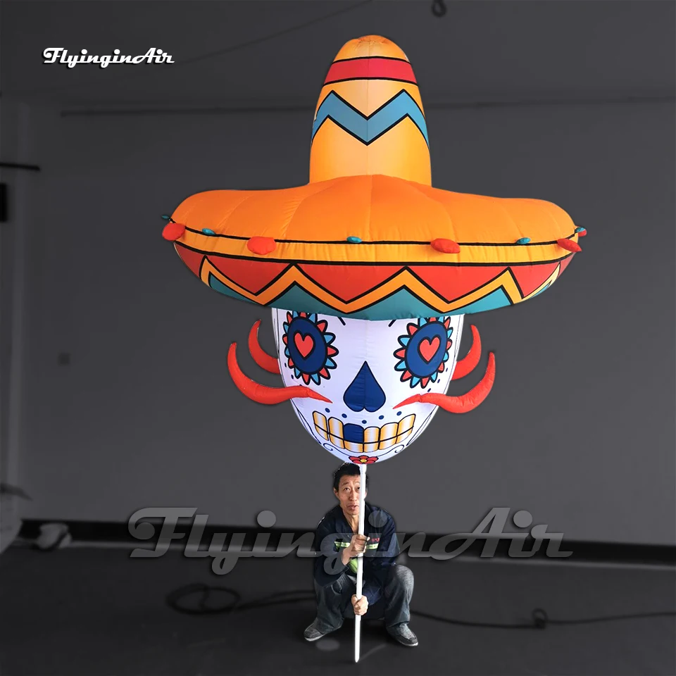 

Halloween Parade Performance Led Inflatable Ghostface Balloon Walking Blow Up Skull Puppet With Hat For Event