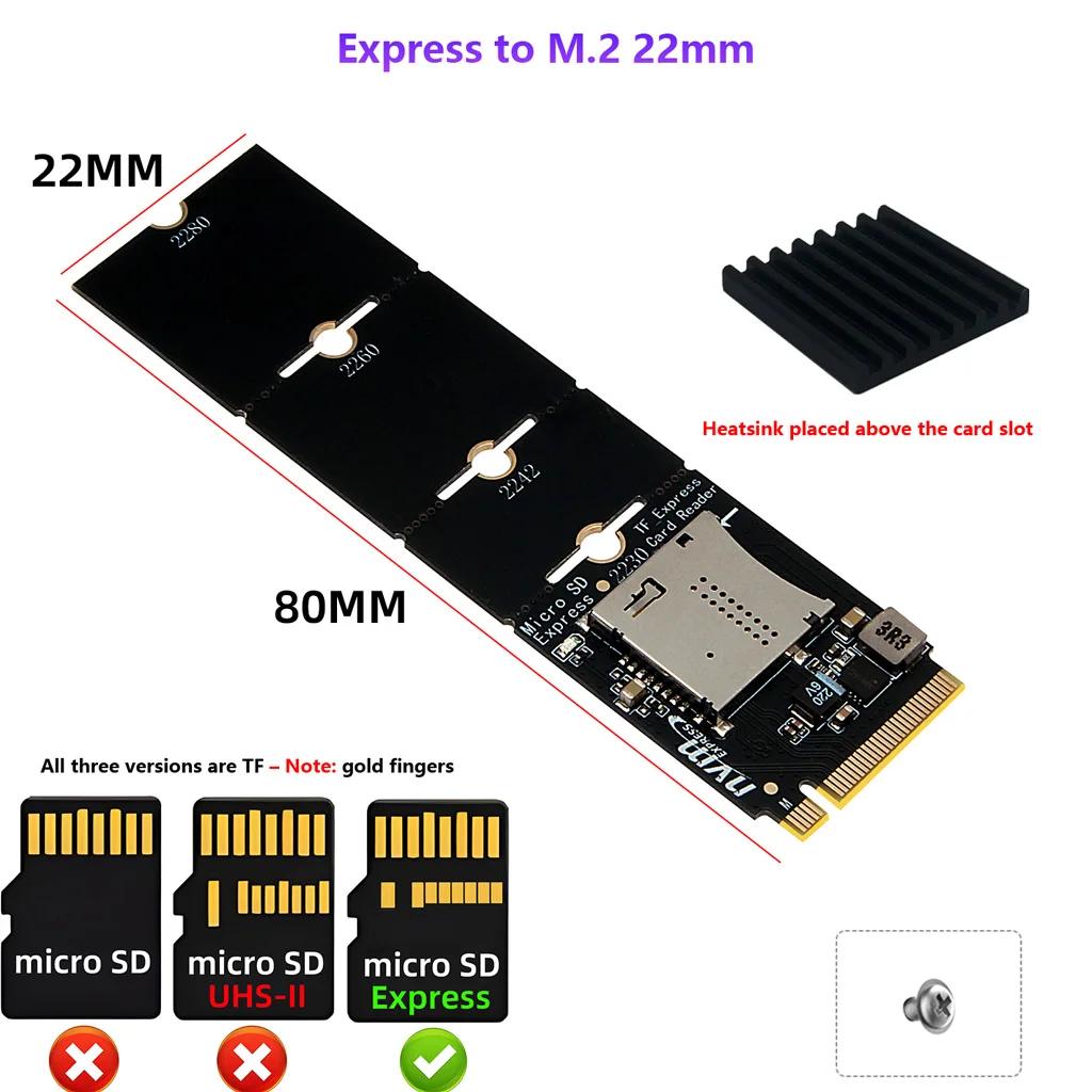M.2 MKey NVMe To Micro SD Express TF Card Reader Adapter PCIe3.1 X1 Support 2230 2242 2260 2280 SSD With Heatsink For PC Desktop