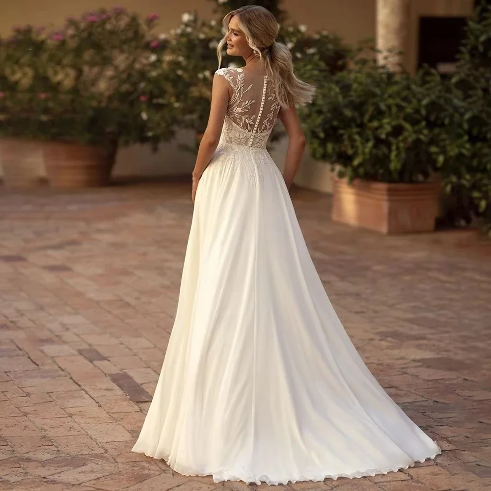 Chiffon Wedding Dresses Beaded Lace Applique Cap Sleeve Sheer Neck Illusion Buttons Bridal Gown with Slit Boho Simple image 2