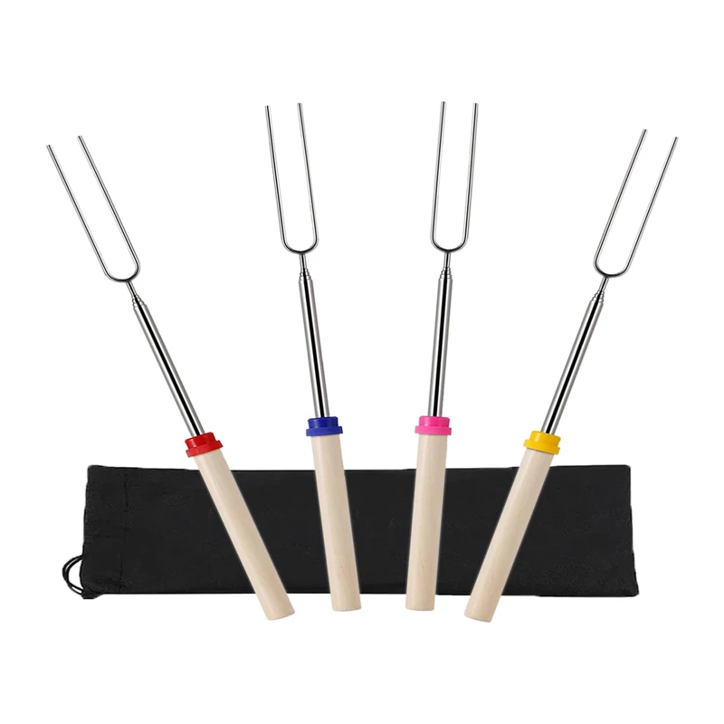 4Pcs Barbecue Forks with Storage Bag Stainless Steel Telescopic Marshmallow Toasting Forks Kit with Wooden Handle BBQ Forks Set