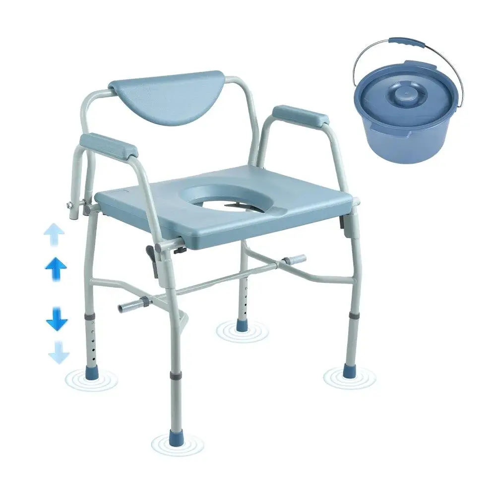 Portable Commode Chair with Drop-Down Arms and Detachable Backrest 5-Level Adjustable Height 7L Removable Bucket Easy Assembly