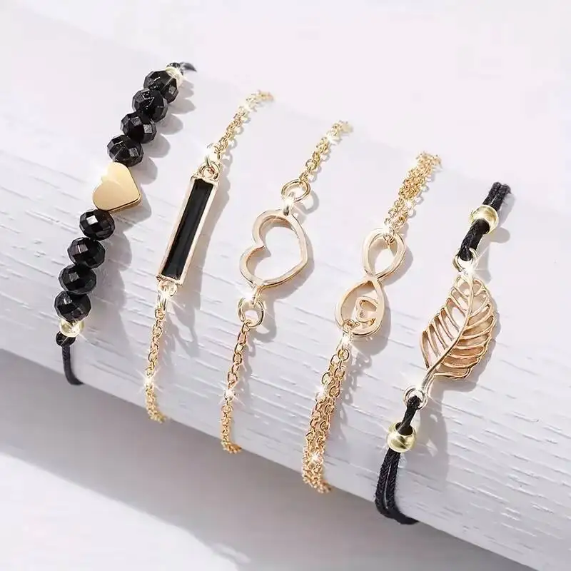 女性用ラインストーンブレスレット,ハートダイヤル,レザーストラップ,クォーツ,リーフ,ブレスレット,ボックスなしのファッション,6個セット