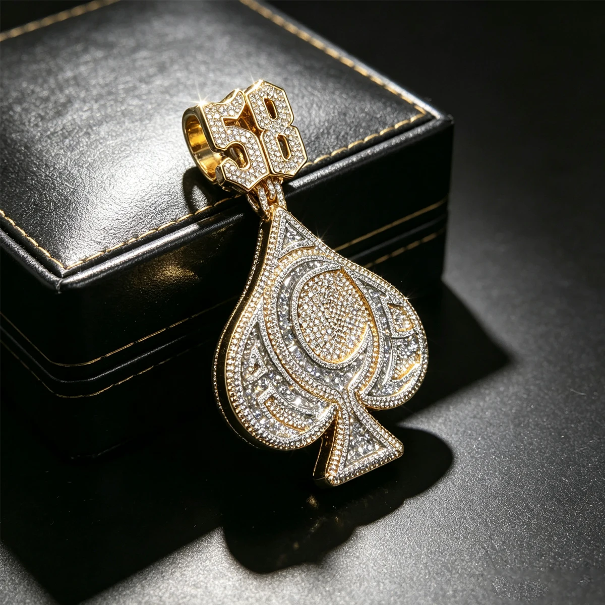 18K Gold Plated Iced Out Spade Design With Number 58 Pendant Luxury Jewelry For Men Rapper Streetwear Cuban Chain Accessory Sparkling Statement Pendant Fine Jewelry Gifts for Men Boy Friends Daily Party Performance Hip Hop Bling Zircon Charm Necklace