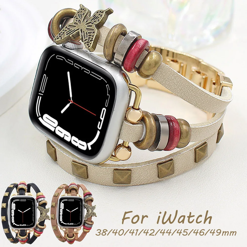 

Handmade Leather Metal Strap for Apple Watch Series 10 Band 42 46mm Women Bracelet for iWatch 9 8 7 6 SE 40 41 44 45 Ultra 49mm