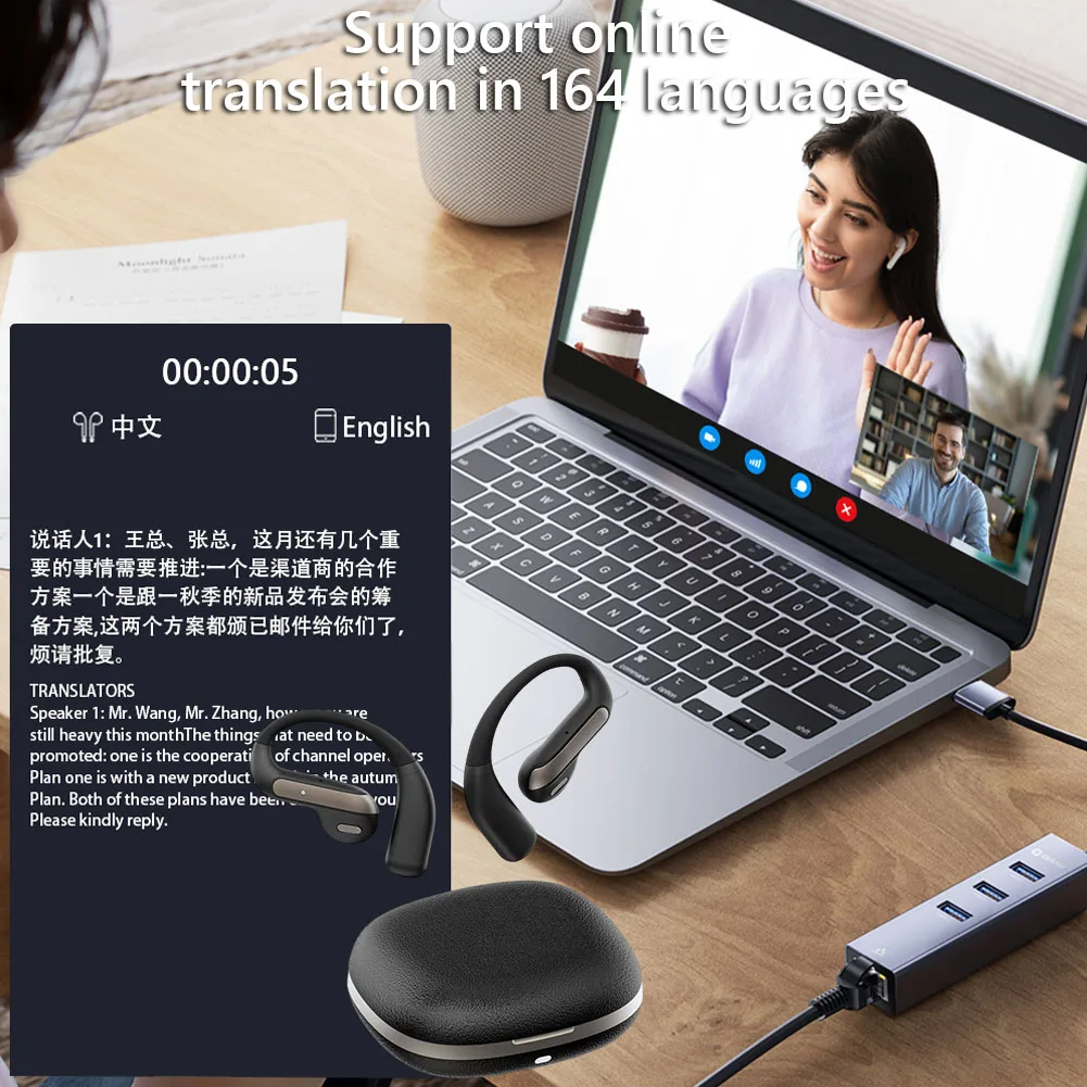 YJ55 سماعات رأس لاسلكية بلوتوث ترجمة سماعات أذن شبه داخل الأذن AI ترجمة سماعات أذن 144+ لغات BT 5.4 سماعات أذن لاسلكية