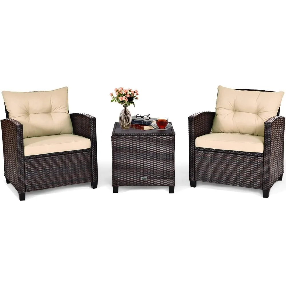 

3 Pieces Patio Furniture Set, PE Rattan Wicker 3 Pcs Outdoor Sofa Set w/Washable Cushion and Tempered Glass Tabletop, Conversat