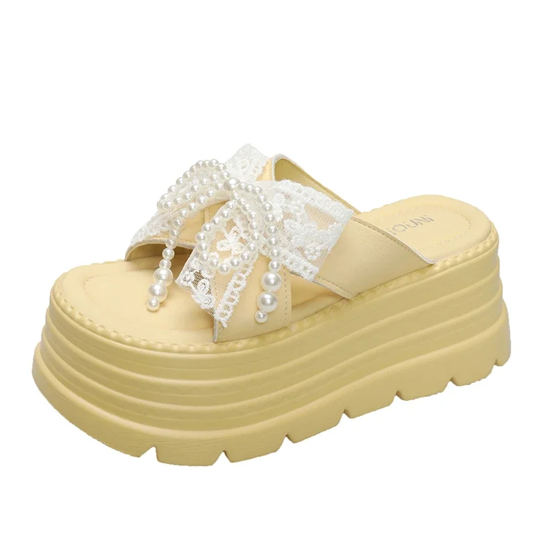 

Женские шлепанцы на высокой платформе 8 см, летние уличные сандалии с цветочным узором и узлом-бабочкой, пляжные шлепанцы на массивной подошве, шлепанцы