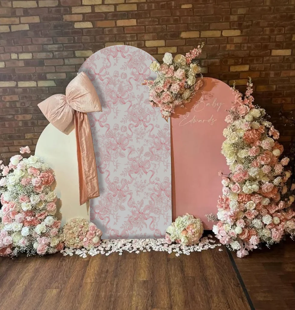 Розовый фон с бантом и аркой, нарисованный вручную чехол Toile de Jouy, арочные подставки для Sweet 16, свадебный душ, украшение для вечеринки для девочек