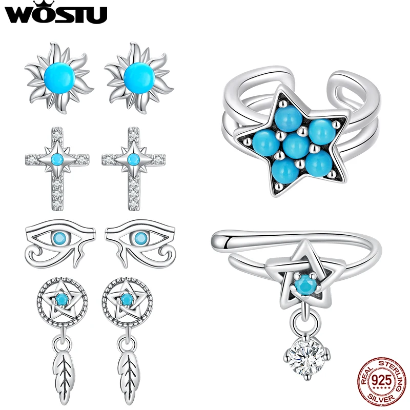 Wostu 925 Sterling Silver Mono Ear Clip Turquoise DreamCatcher Horus' Evil Eye Earrings Collocation Hypoallergenic Jewelry Gift