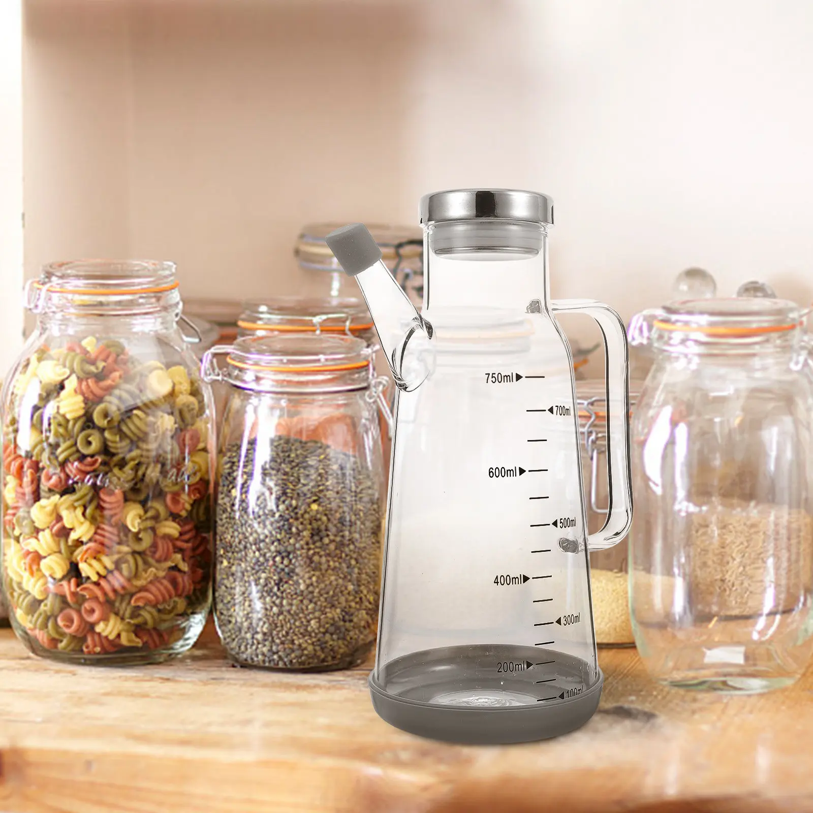 

Multi-Functional Glass Oil Bottle Stainless Steel Handle Scale Markings for Kitchen Restaurant Home Use Oil Vinegar Soy Sauce