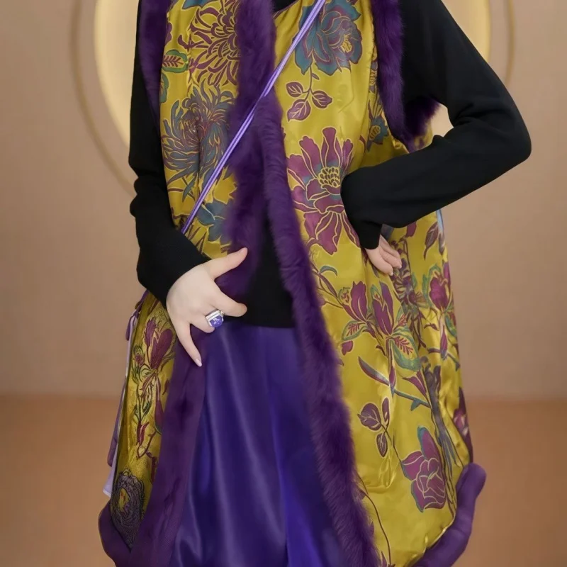 

2025 New Autumn Winter Cotton Vest Jacket Women Fashion Chinese Style Flowers Print Female Coat Fur Splicing Tank Outwears