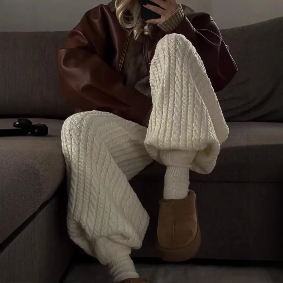 

Winter Warm Twisted Knitted Wide Leg Pants Women's Cuffed Trousers Casual High Waist PVC Fabric Mid-aged Suitable PU Material