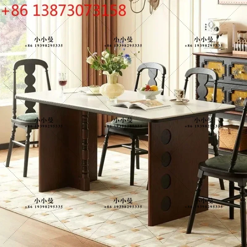 French travertine rock slab T-shaped Roman column solid wood simple household dining table