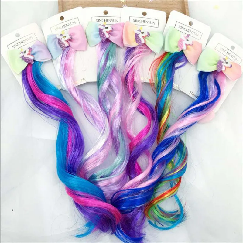 Unicorn Children Gradient Bow Hair Clips Headdress Ponytail Hair Ropes Baby Girls New Colorful Wig Pigtail Elastic Kids Headwear